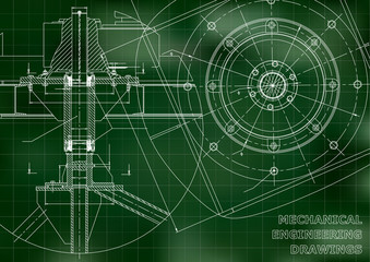 Mechanical engineering drawings. Vector green background. Grid