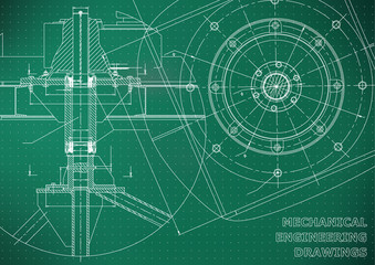 Mechanical engineering drawings. Vector green background. Grid points