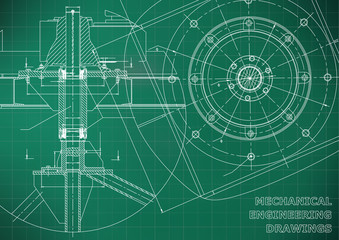 Mechanical engineering drawings. Vector green background. Grid line