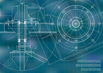Mechanical engineering drawings. Vector blue background. Grid