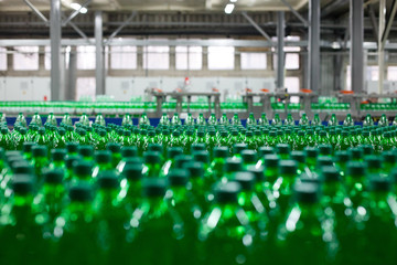 Green plastic bottles on the conveyor belt at the plant