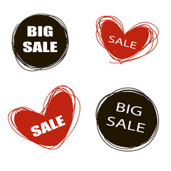 Doodle sale tags. Sale banners set. Love Shopping