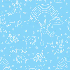 Cute vector unicorns and rainbow seamless pattern - hand drawn kawaii style illustration with imaginary horse from children fairytale. Ink sketch with hearts, stars and rainbow
