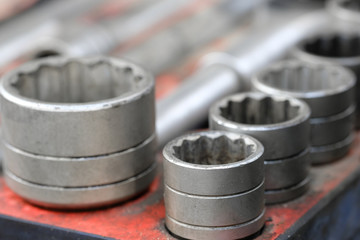 Close up set of socket wrench heads