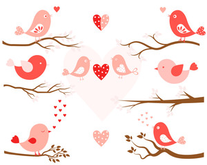 Stylized birds in pink and tree branches in brown in flat style