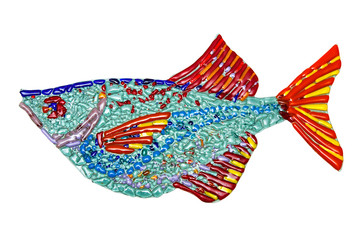 Decorative fish made of colored glass fusing method. Isolated on