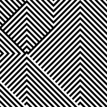 Abstract vector seamless op art pattern with rhombus. Monochrome graphic black and white ornament. Striped optical illusion repeating texture.