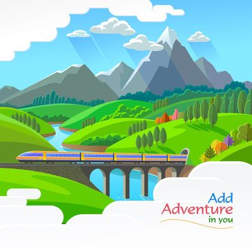 A train traveling over a bright across a river and a beautiful green landscape