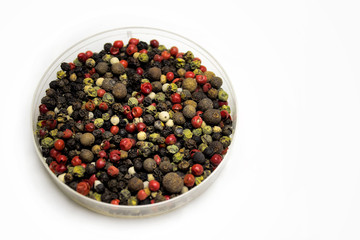 Herbs and seasonings. Mixed peppercorns in a transparent dish isolated on white background.