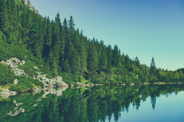 Lake in high mountains with pine forest on the shore, vintage color toned © nevodka.com