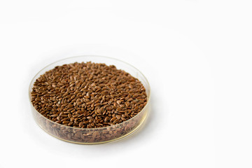 Herbs and seasonings. Dried whole flax seeds in a transparent dish isolated on white background.