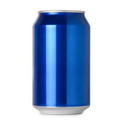 Photograph of blank blue aluminum soda or alcohol drink can for mockup isolated on white background...