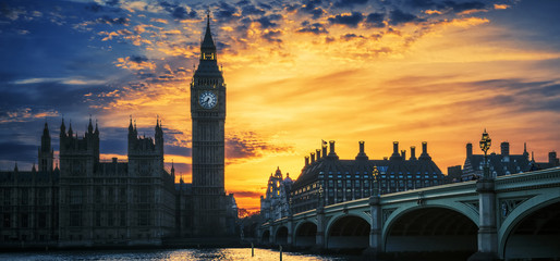 View of Big Ben and Westminster Bridge at sunset