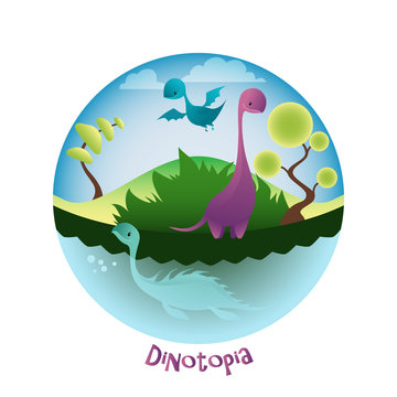 Cartoon landscape with lovely Dinosaurs. Dinotopia and Dino.