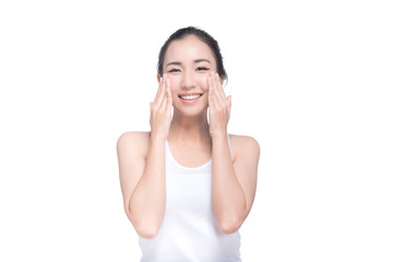 Fototapeta premium Portrait of attractive smiling Asian woman with beautiful skin isolated on white background