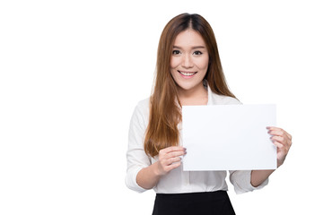 Naklejka premium Attractive young beautiful Asian student woman holding blank white paper