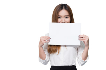 Naklejka premium Attractive young beautiful Asian student woman holding blank white paper