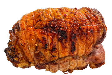 turkey meat roulade roasted in oven isolated on white background