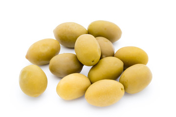 Green big olives on the white background.