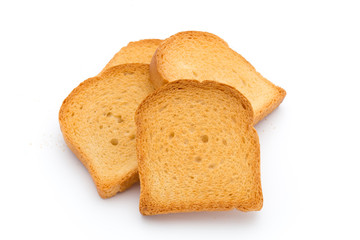 Slices of toast bread on wooden table, top view.