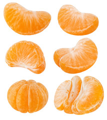 Collection of tangerine or mandarin. Set of citrus slices isolated on white background. Tangerine, mandarin, clementine. Clipping path