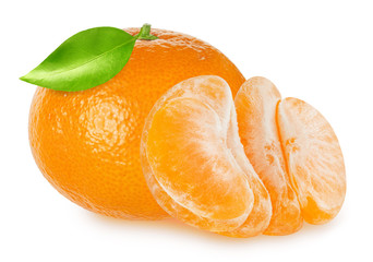 Isolated tangerine or mandarin. Whole and slices of citrus fruit isolated on white background. Tangerine, mandarin, clementine. Clipping path