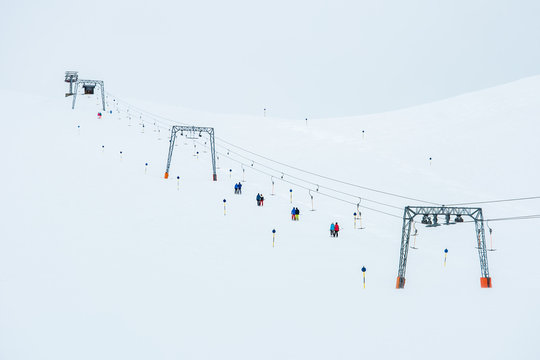 Ski slope and cable car on the ski resort in Austria. Winter 