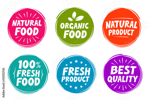 "Vector set colorful labels for food, nutrition. Collection icons