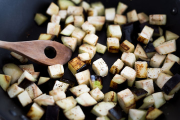 Diced eggplant in pan