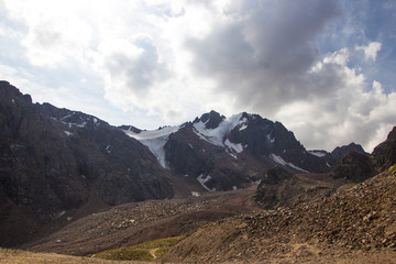 Snow-covered peaks behind Talgar Pass in Tien Shan mountains, Al