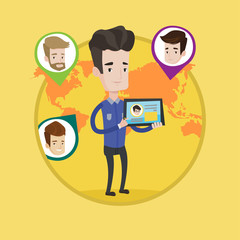 Man holding tablet with social network.