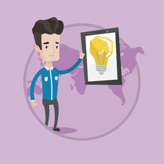 Man pointing at big tablet computer.