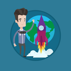 Man in vr headset flying in open space.