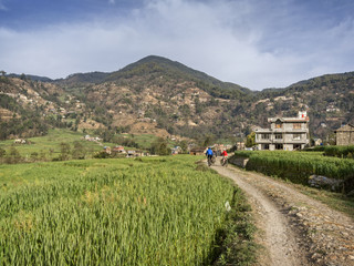 Mountain biking in Nepal. Group of mountain bikers biking near Kathmandu, Nepal.