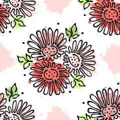Fototapeta na wymiar Vector seamless floral pattern with flowers, leaves, decorative elements, splash, blots, drop Hand drawn contour lines and strokes Doodle sketch style, graphic vector drawing illustration