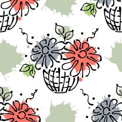 Gordijnen Vector seamless floral pattern with flowers, leaves, decorative elements, splash, blots, drop Hand drawn contour lines and strokes Doodle sketch style, graphic vector drawing illustration © Valentain Jevee