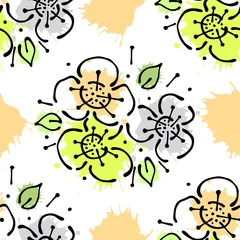 Foto op Canvas Vector seamless floral pattern with flowers, leaves, decorative elements, splash, blots, drop Hand drawn contour lines and strokes Doodle sketch style, graphic vector drawing illustration © Valentain Jevee