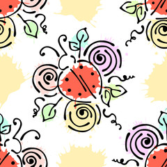 Vector seamless pattern with insect Ladybugs with flowers, leaves, decorative elements, splash, blots, drop Hand drawn contour lines and strokes Doodle style, graphic vector drawing illustration