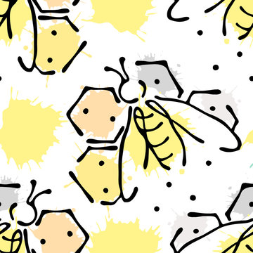 Vector seamless pattern with insect Bees with honeycomb, decorative elements, splash, blots, drop on the white background Hand drawn contour lines and strokes Doodle style, graphic vector illustration