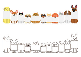 Fototapeta premium cats and dogs border set, with small blank board in each mouth