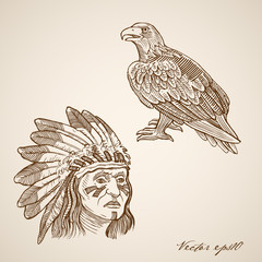 Engraving hand vector Indian and hawk head