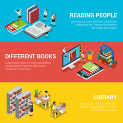 Reading people different book library 3d flat isometric vector.