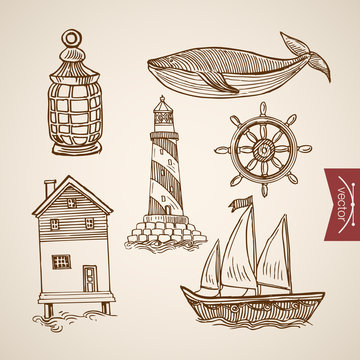 Engraving hand vector lighthouse on sea boat ship water house