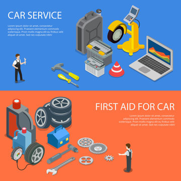Worker tool spare first car aid service 3d flat isometric vector