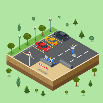 Workers laying asphalt on parking 3d flat isometric vector .