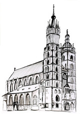 Szkic kościoła Mariackiego w Krakowie. Rysunek na białym tle