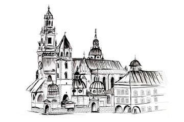 Szkic odręczny. Katedra na Wawelu w Krakowie ręcznie rysowana na białym tle