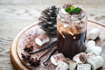 Two mugs of hot chocolate with marshmallows