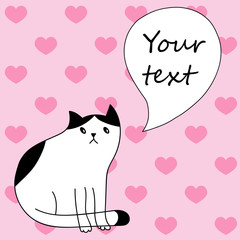 black and white sad cat bubble with text on background with pink