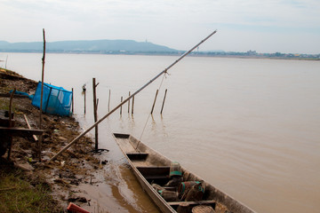 Fototapeta premium fishing boats. River khong nature landscape.